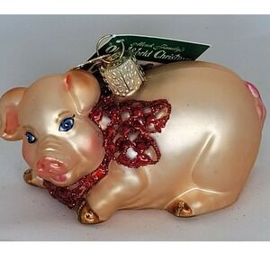 Old World Christmas Country Piggy Glass Ornament Pink Glitter 2005 12213